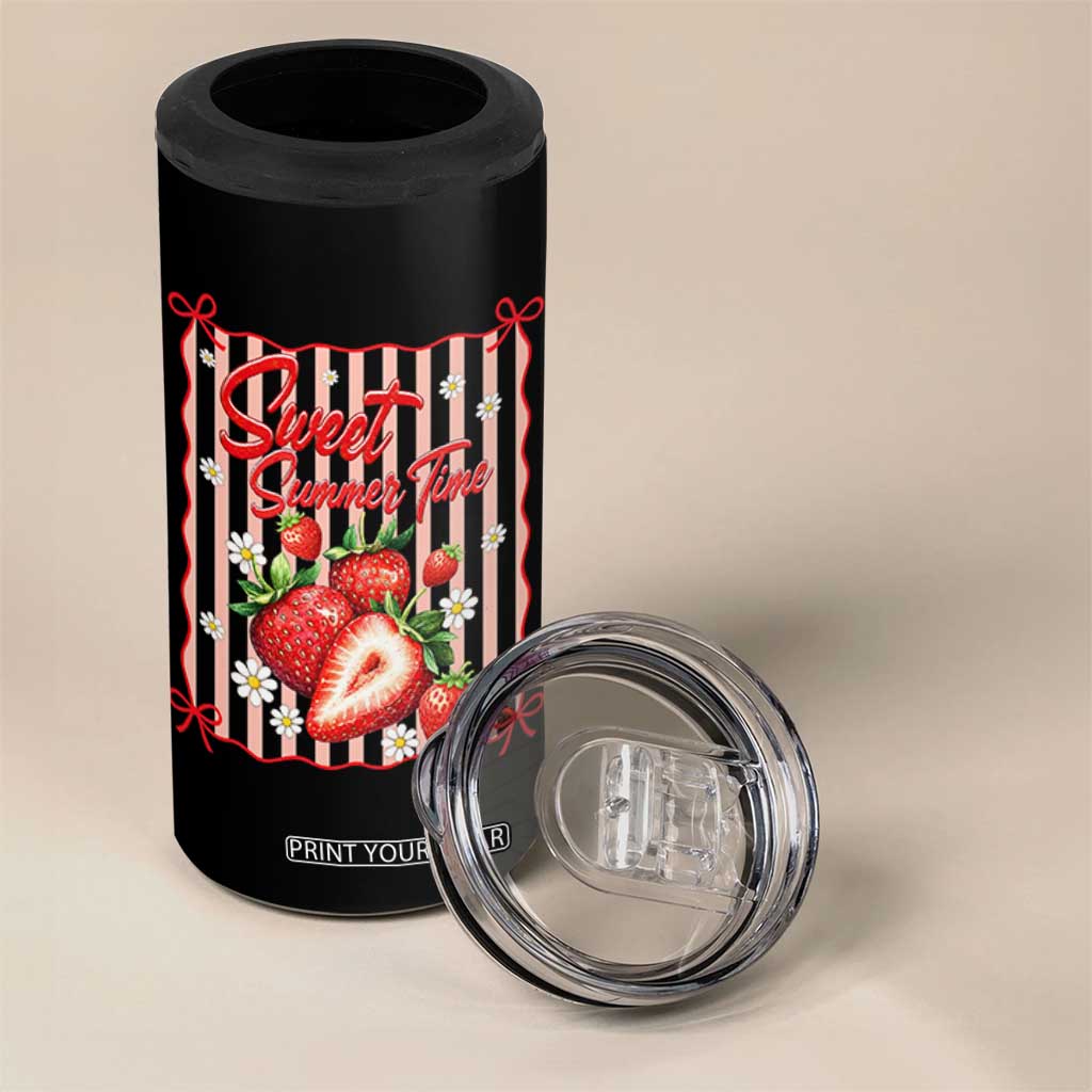 Striped Summer Strawberry 4 in 1 Can Cooler Tumbler Preppy Beach Vibes Graphic