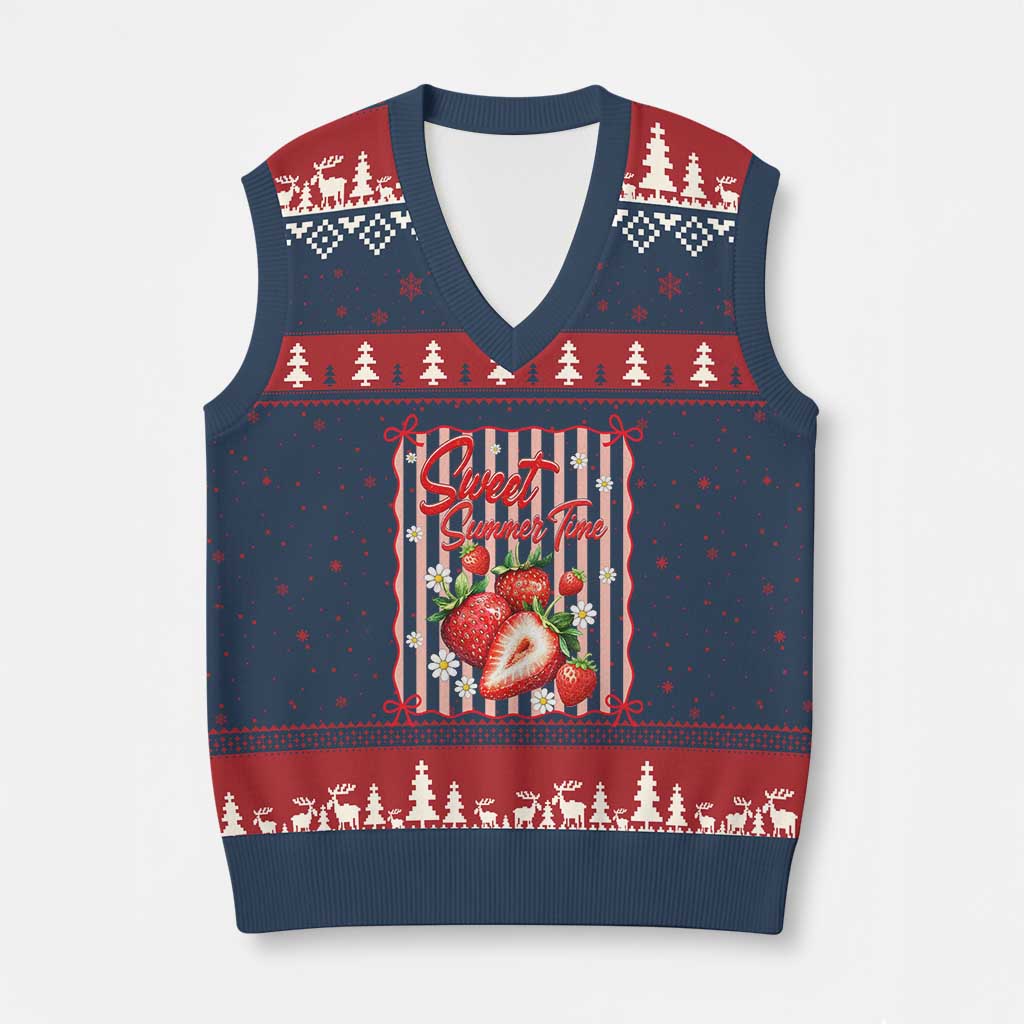 Striped Summer Strawberry V-Neck Knit Sweater Vest Preppy Beach Vibes Graphic