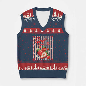 Striped Summer Strawberry V-Neck Knit Sweater Vest Preppy Beach Vibes Graphic