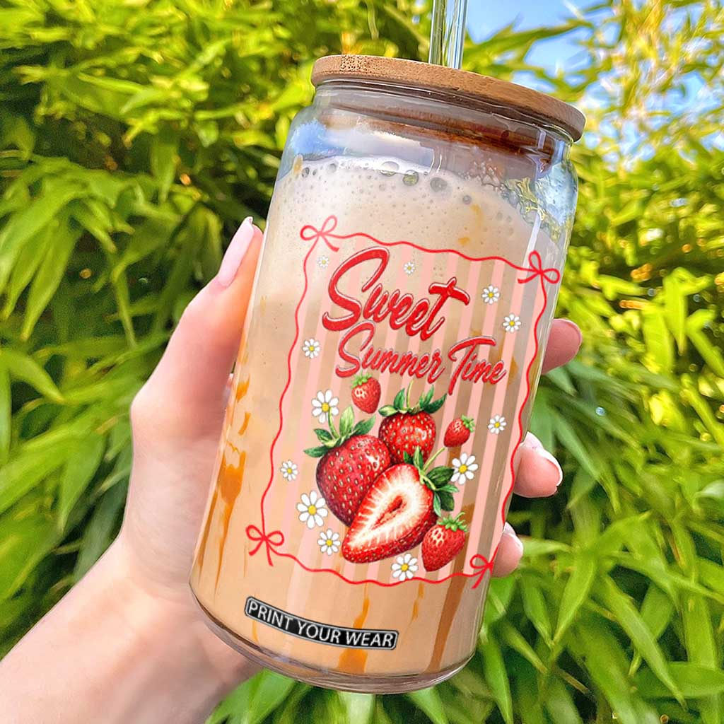 Striped Summer Strawberry Glass Can Preppy Beach Vibes Graphic