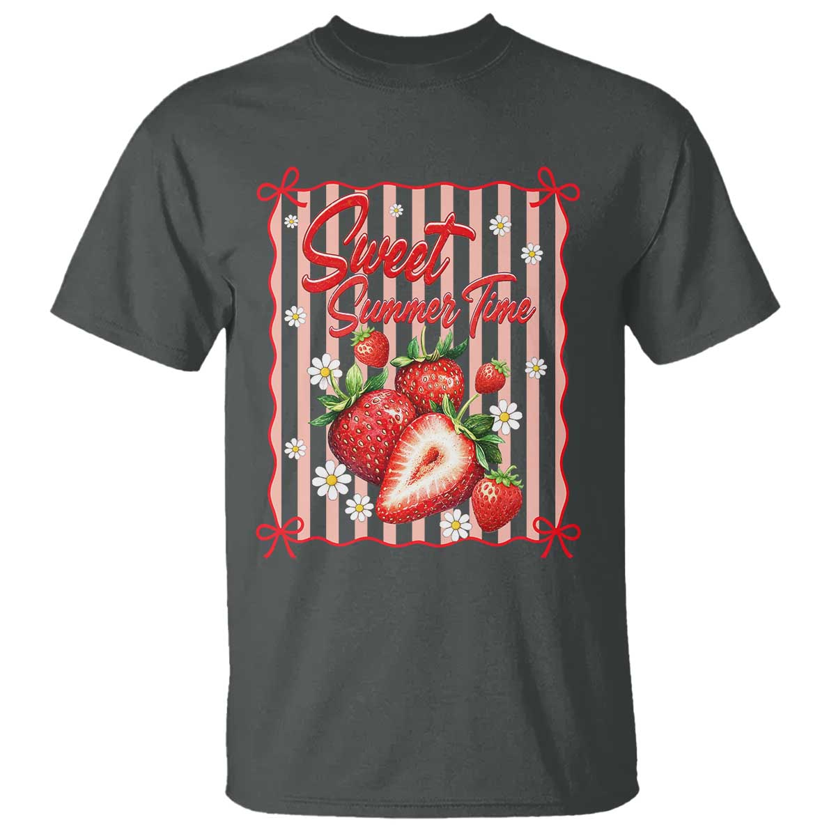 Striped Summer Strawberry T Shirt Preppy Beach Vibes Graphic