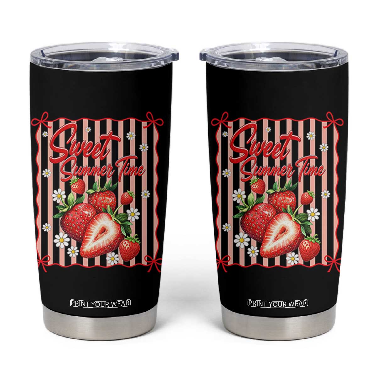 Striped Summer Strawberry Tumbler Cup Preppy Beach Vibes Graphic TS12 Black Print Your Wear