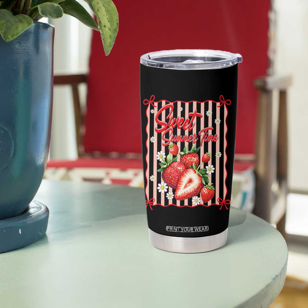 Striped Summer Strawberry Tumbler Cup Preppy Beach Vibes Graphic