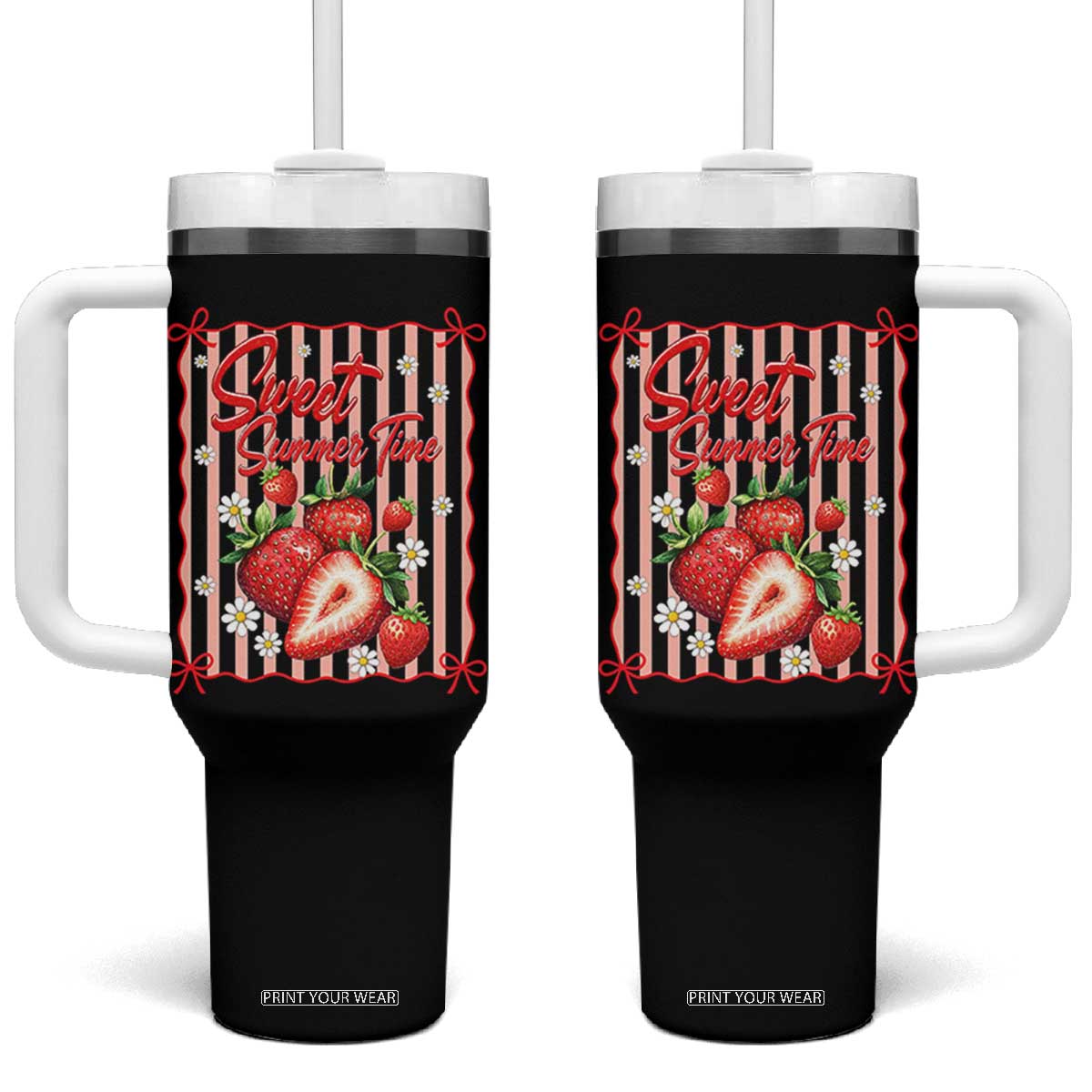 Striped Summer Strawberry Tumbler With Handle Preppy Beach Vibes Graphic