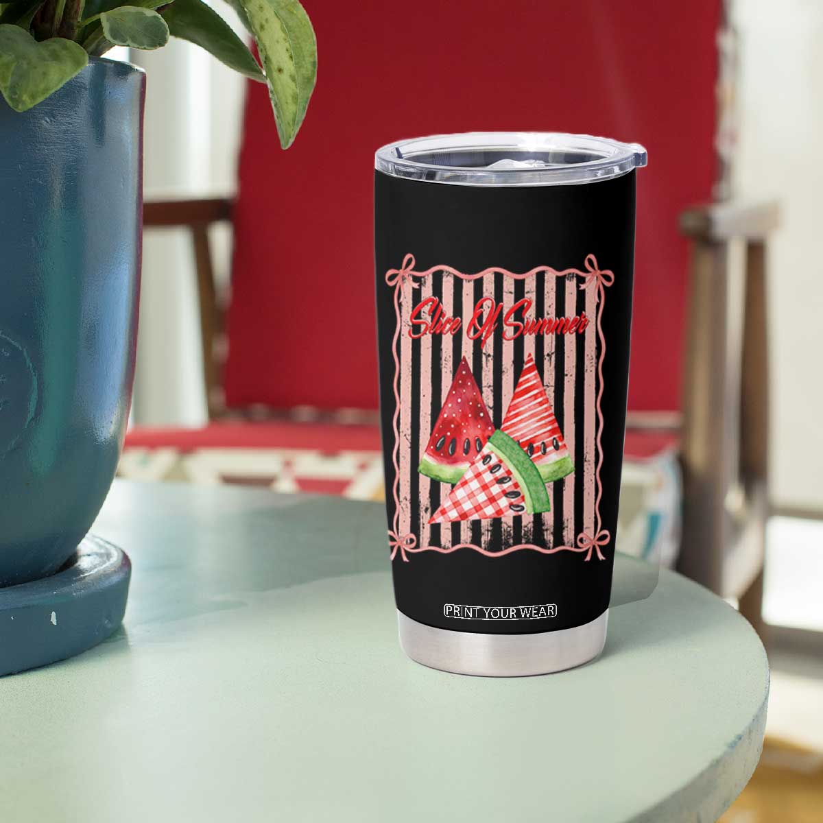 Striped Watermelon Beach Vibes Graphic Tumbler Cup Slice Of Summer