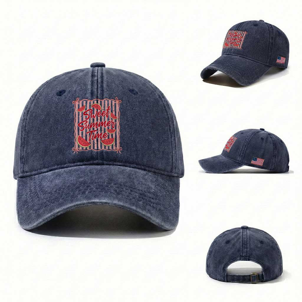 Striped Watermelon Beach Vibes Graphic Washed Cotton Baseball Cap Sweet Summer Time