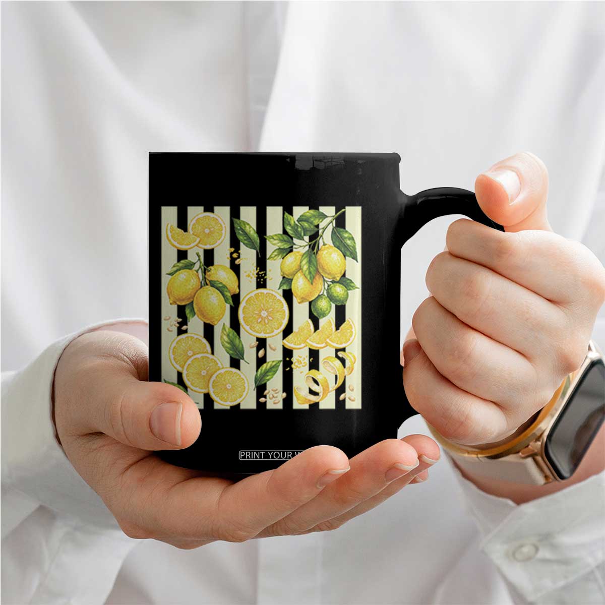 Striped Summer Lemon Coffee Mug Citrus Fruit Lover Gift