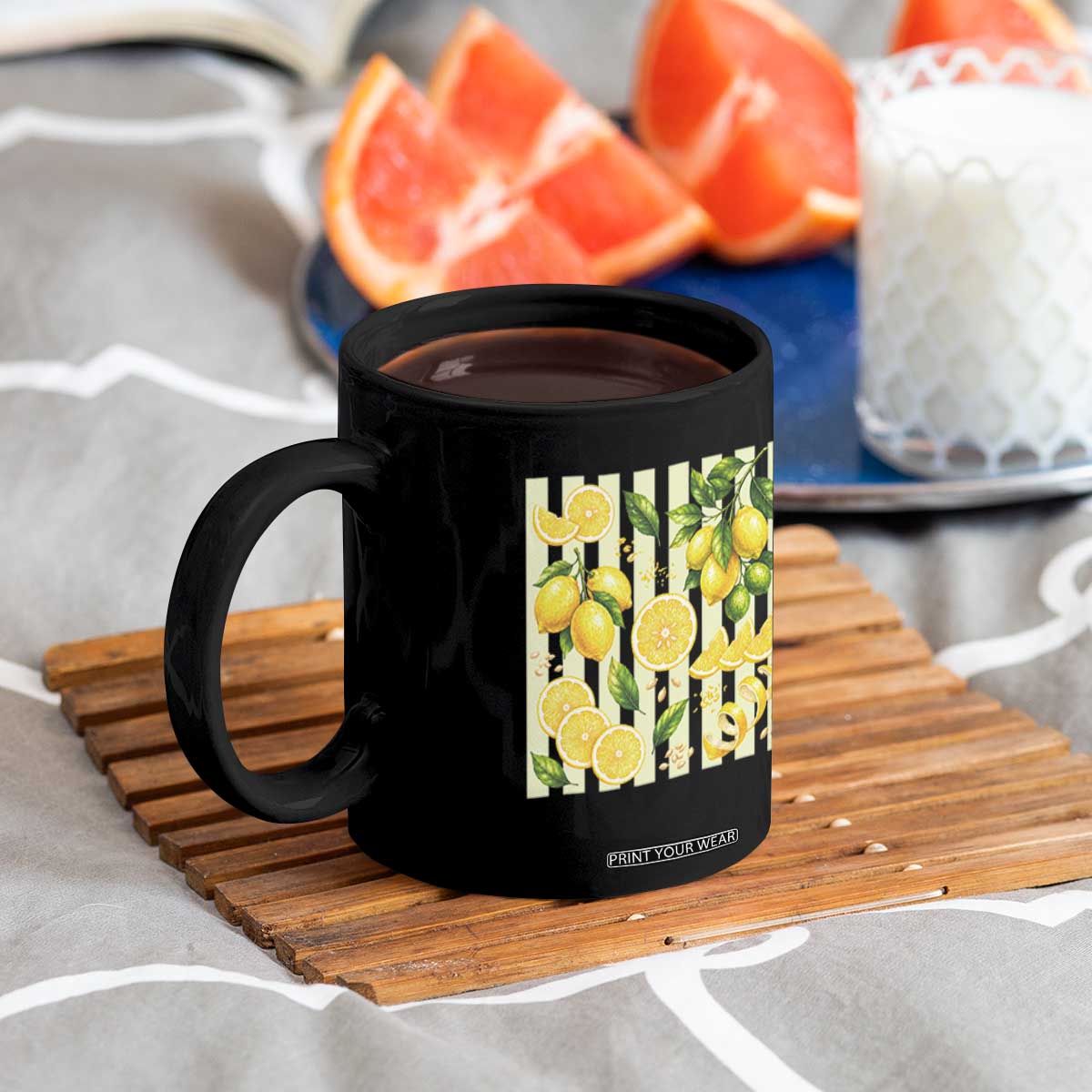 Striped Summer Lemon Coffee Mug Citrus Fruit Lover Gift