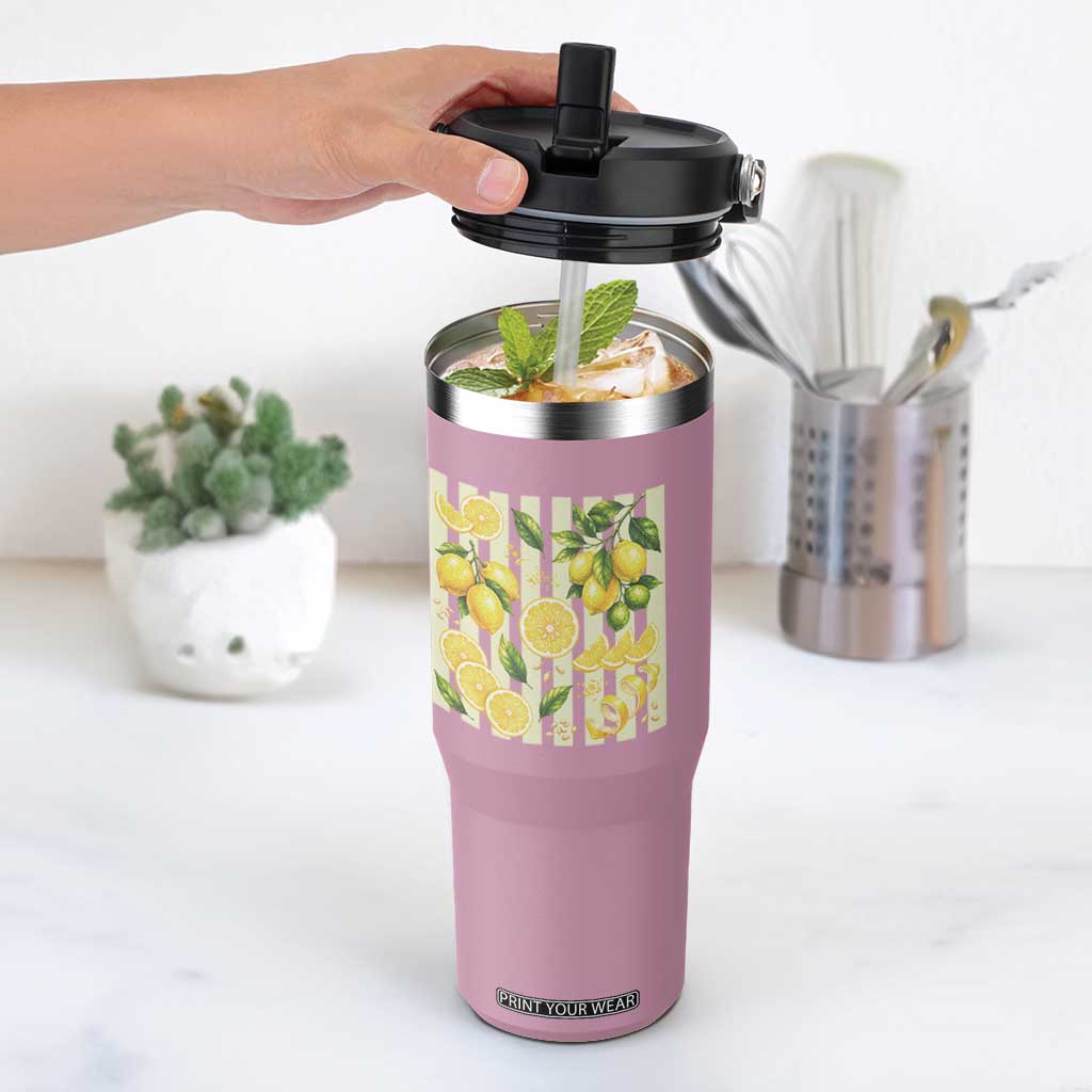 Striped Summer Lemon Flip Straw Tumbler Citrus Fruit Lover Gift