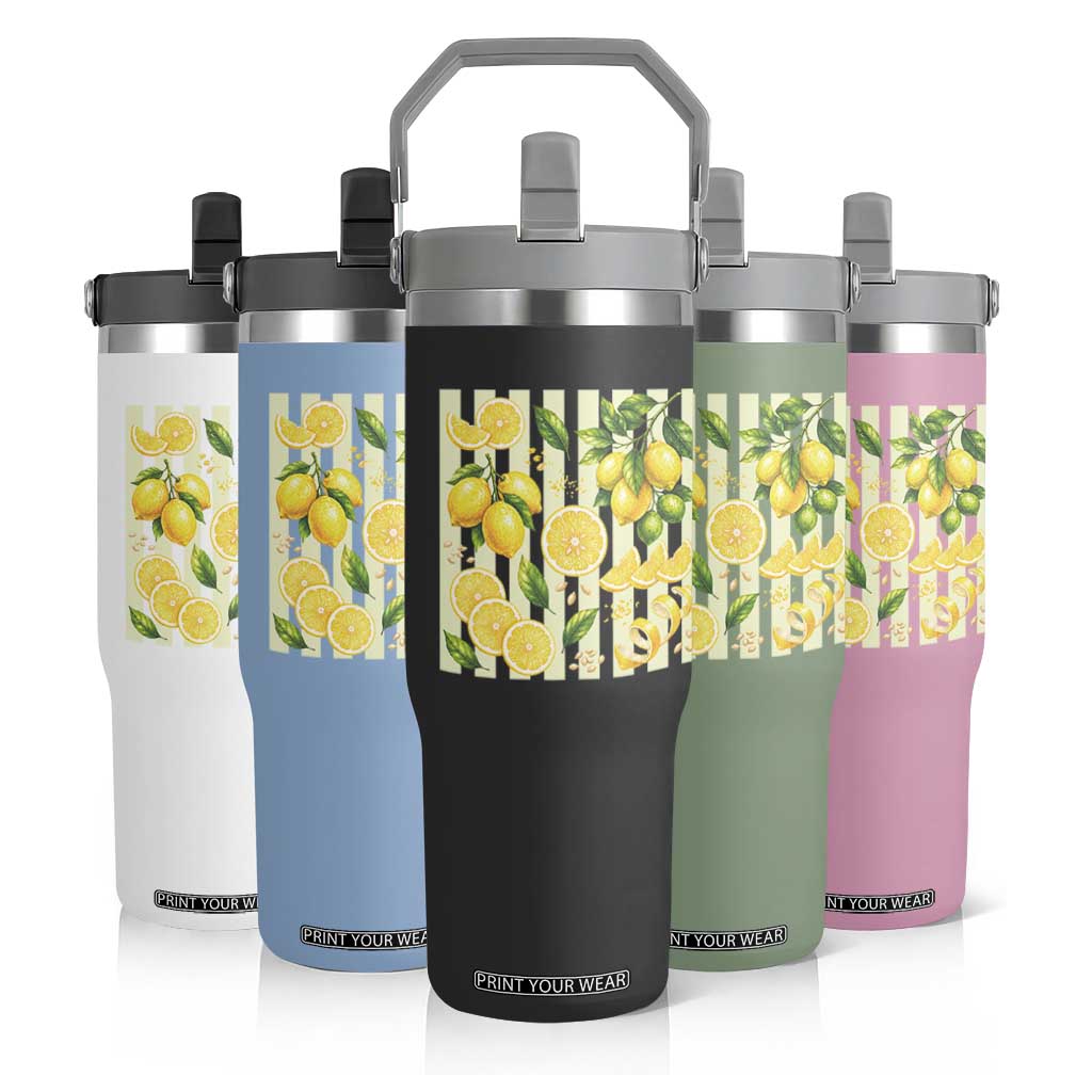 Striped Summer Lemon Flip Straw Tumbler Citrus Fruit Lover Gift
