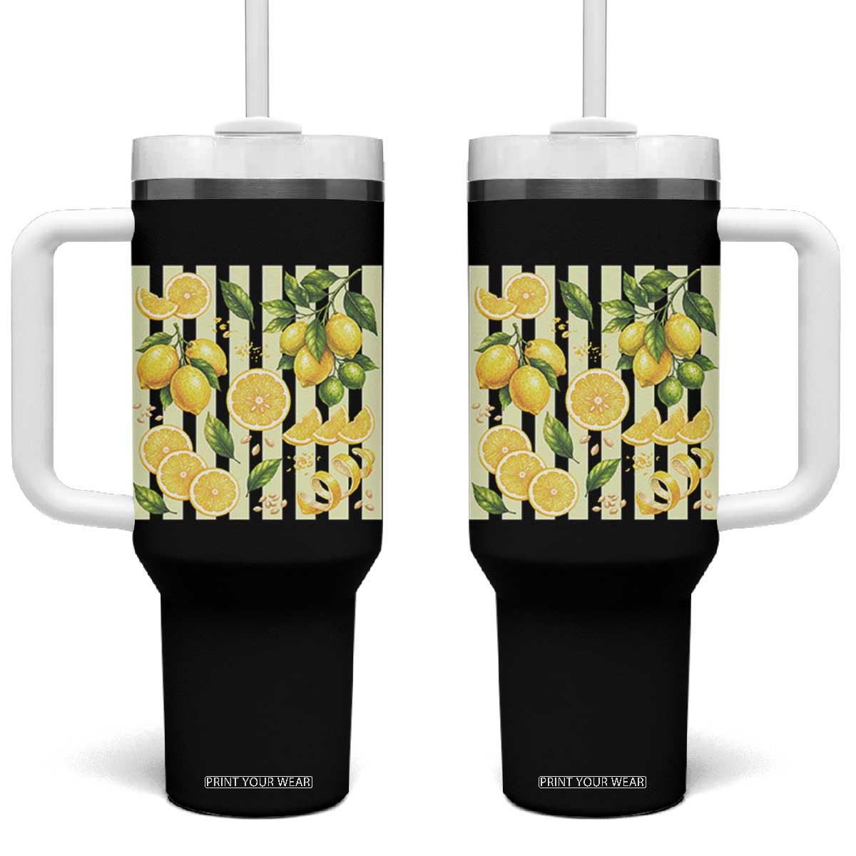 Striped Summer Lemon Tumbler With Handle Citrus Fruit Lover Gift TS12 One Size: 40 oz Black Print Your Wear