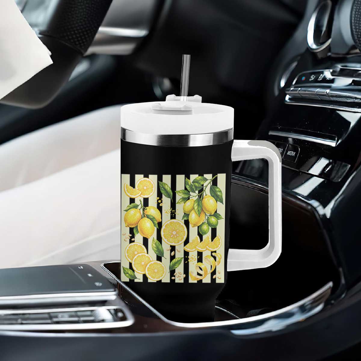 Striped Summer Lemon Tumbler With Handle Citrus Fruit Lover Gift