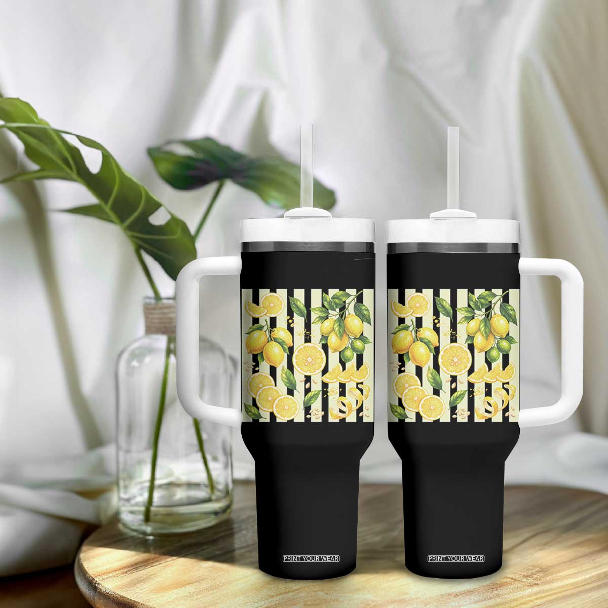 Striped Summer Lemon Tumbler With Handle Citrus Fruit Lover Gift