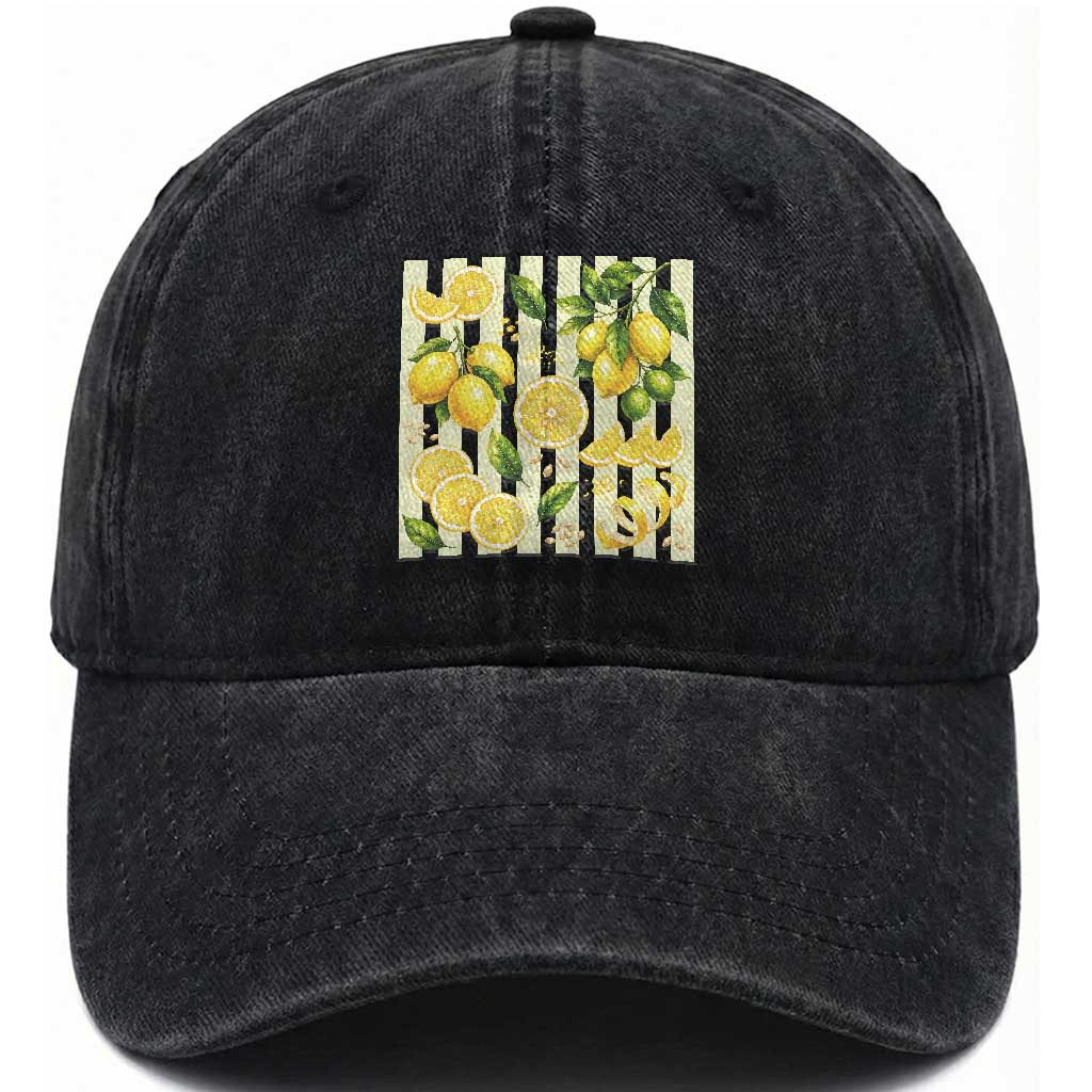 Striped Summer Lemon Washed Cotton Baseball Cap Citrus Fruit Lover Gift TS12 Print Your Wear
