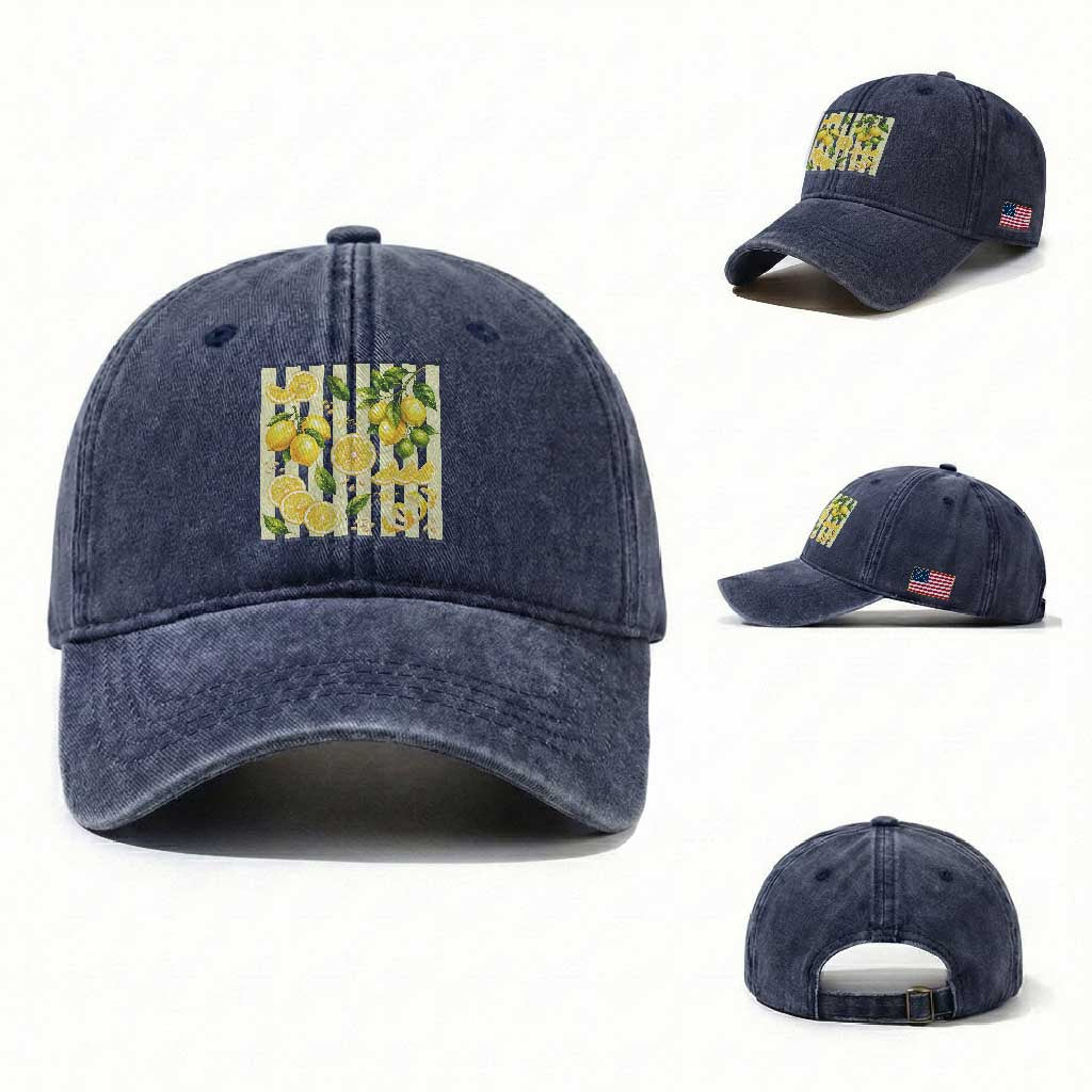 Striped Summer Lemon Washed Cotton Baseball Cap Citrus Fruit Lover Gift