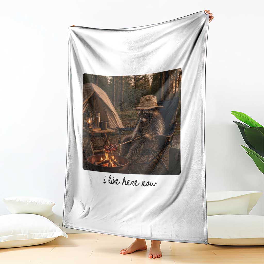Funny Camping Raccoon Throw Blanket I Live Here Now Outdoor Lover
