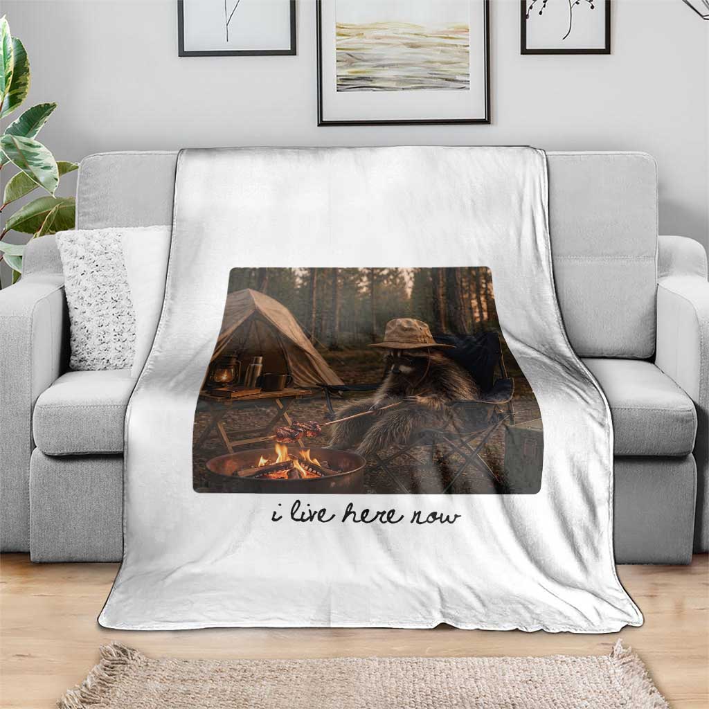 Funny Camping Raccoon Throw Blanket I Live Here Now Outdoor Lover