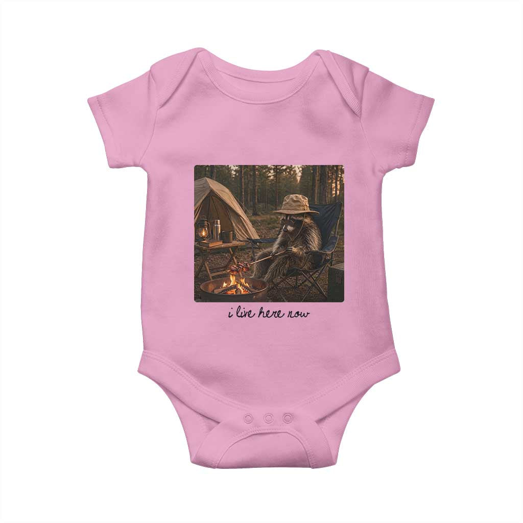 Funny Camping Raccoon Baby Onesie I Live Here Now Outdoor Lover