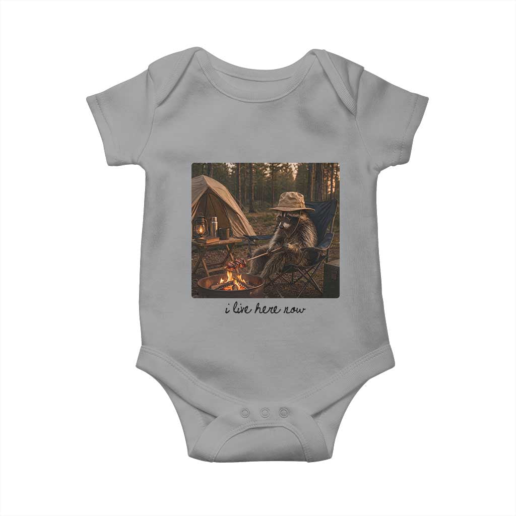 Funny Camping Raccoon Baby Onesie I Live Here Now Outdoor Lover