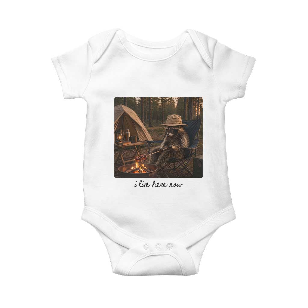 Funny Camping Raccoon Baby Onesie I Live Here Now Outdoor Lover TS12 White Print Your Wear