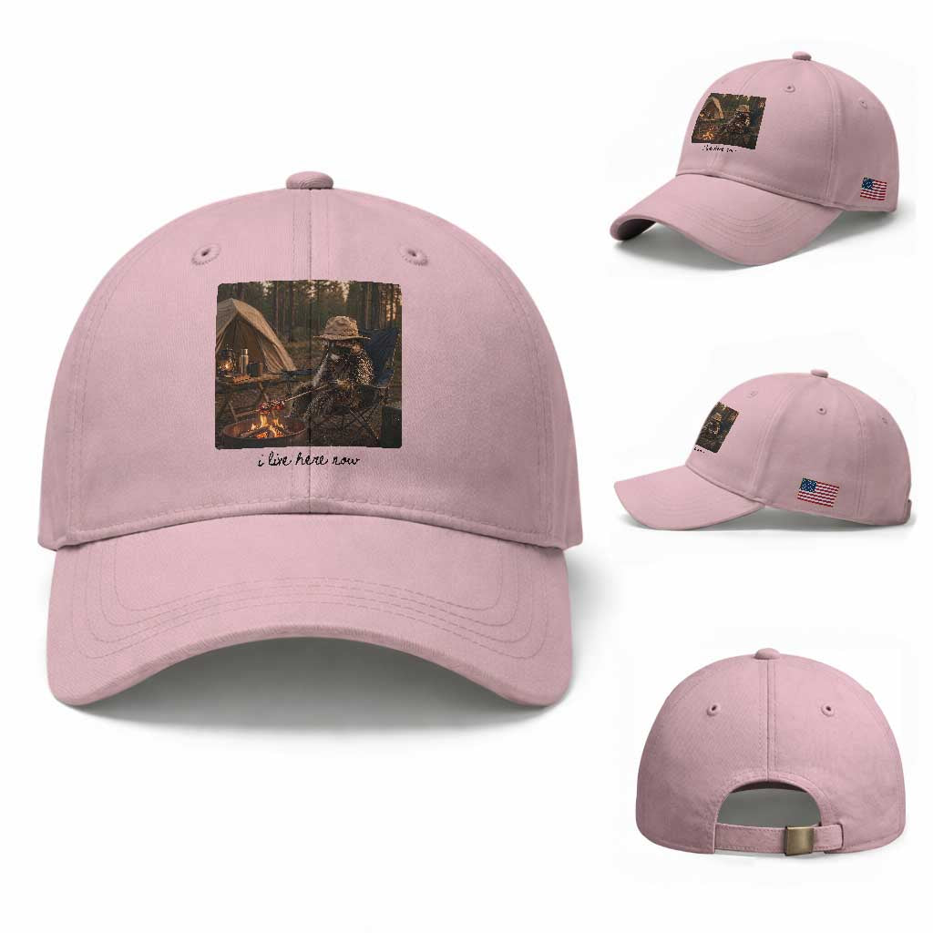 Funny Camping Raccoon Baseball Cap I Live Here Now Outdoor Lover