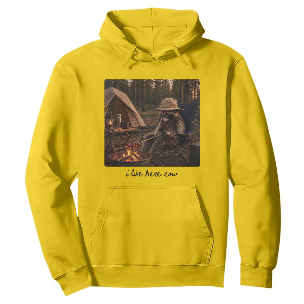 Funny Camping Raccoon Hoodie I Live Here Now Outdoor Lover