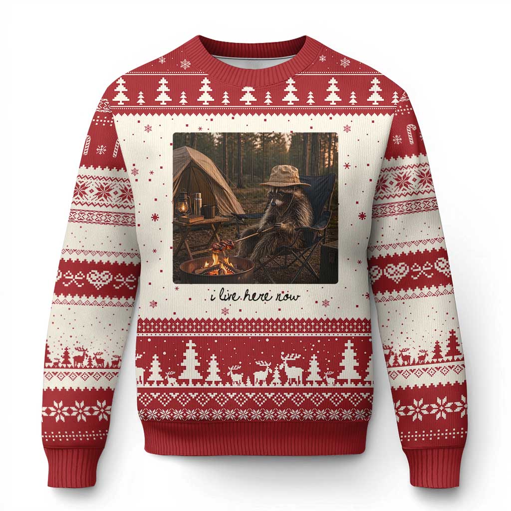 Funny Camping Raccoon Ugly Christmas Sweater I Live Here Now Outdoor Lover TS12 Beige Red Print Your Wear