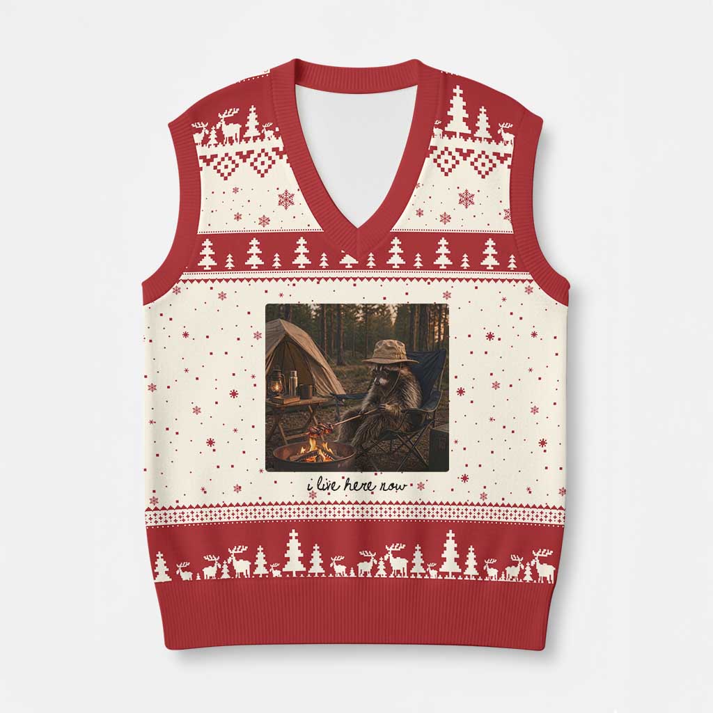 Funny Camping Raccoon V-Neck Knit Sweater Vest I Live Here Now Outdoor Lover TS12 Beige Red Print Your Wear