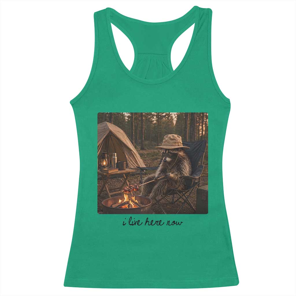 Funny Camping Raccoon Racerback Tank Top I Live Here Now Outdoor Lover