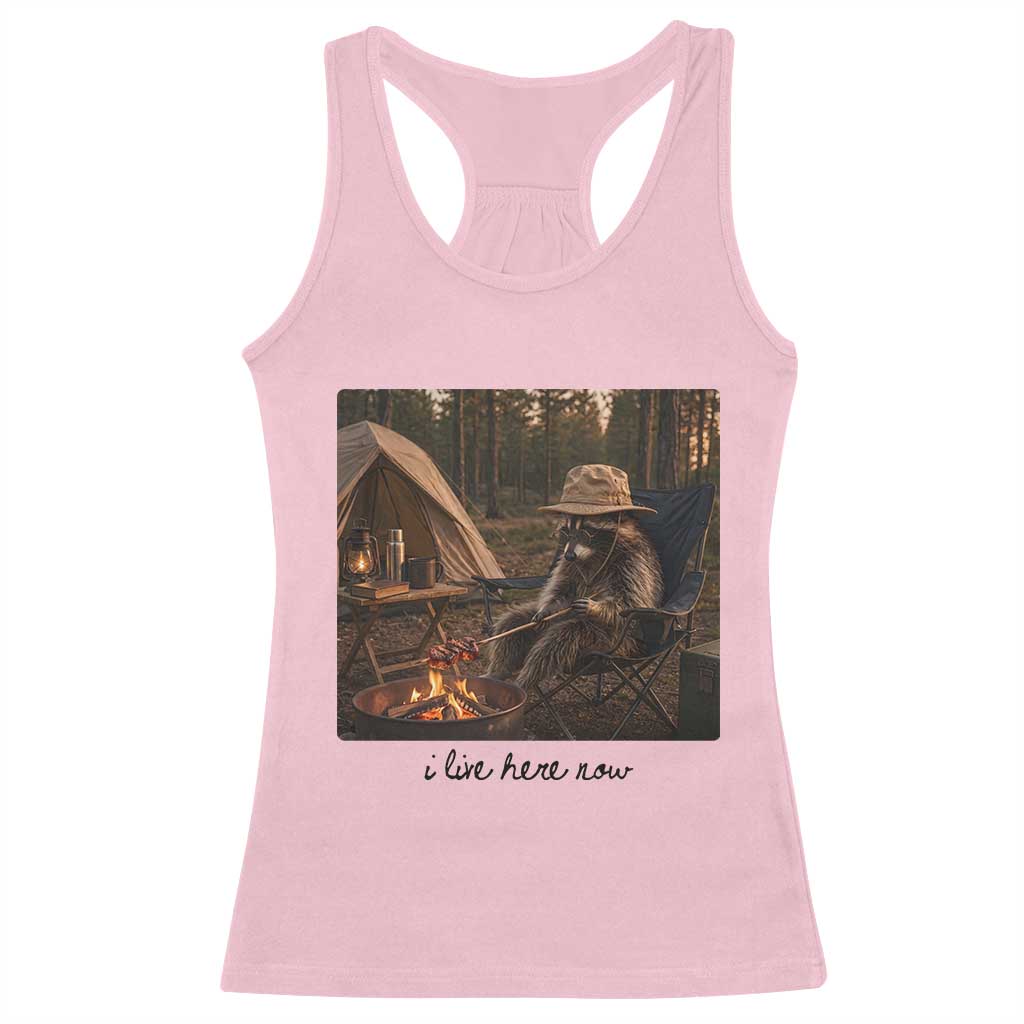 Funny Camping Raccoon Racerback Tank Top I Live Here Now Outdoor Lover