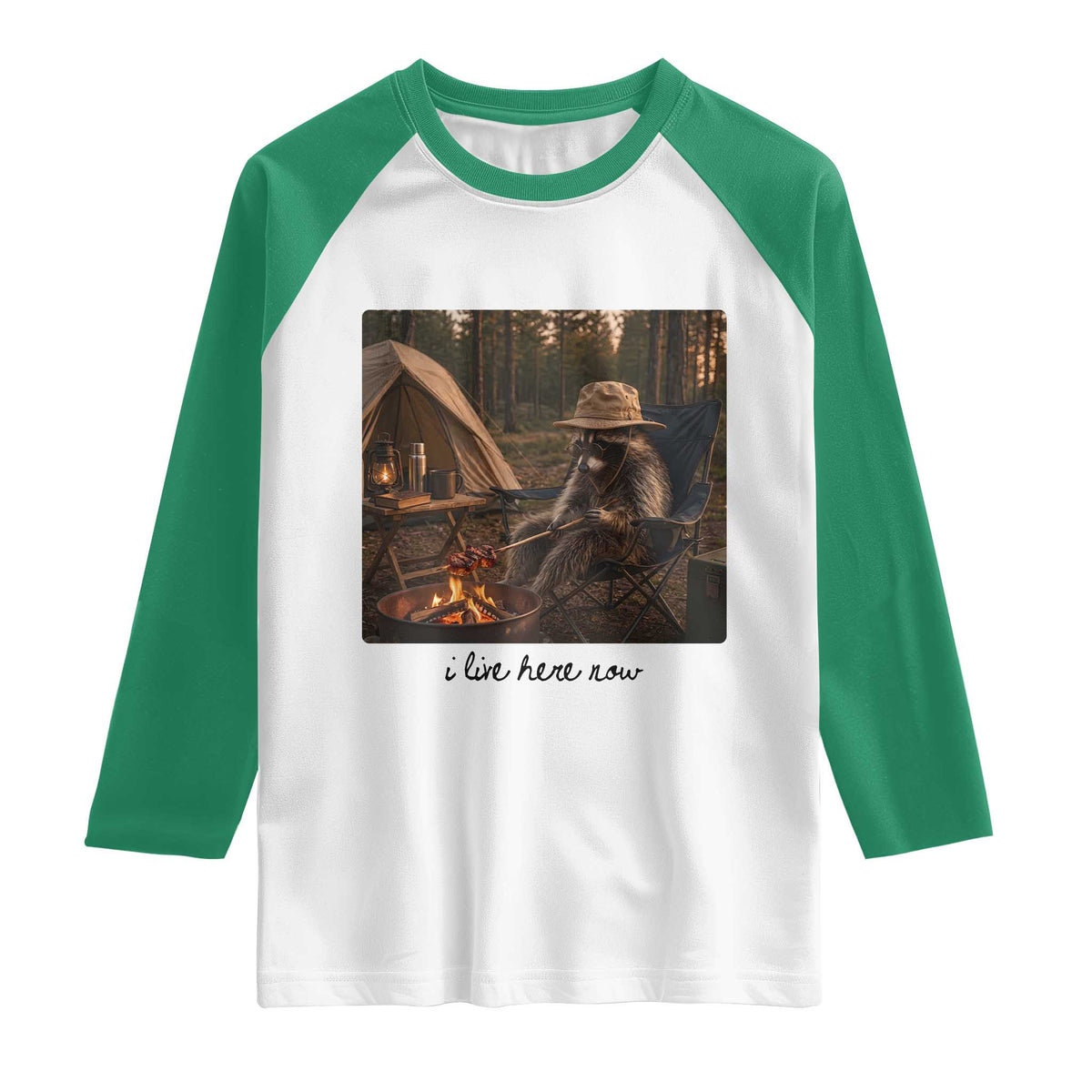 Funny Camping Raccoon Raglan Shirt I Live Here Now Outdoor Lover