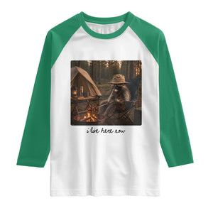 Funny Camping Raccoon Raglan Shirt I Live Here Now Outdoor Lover
