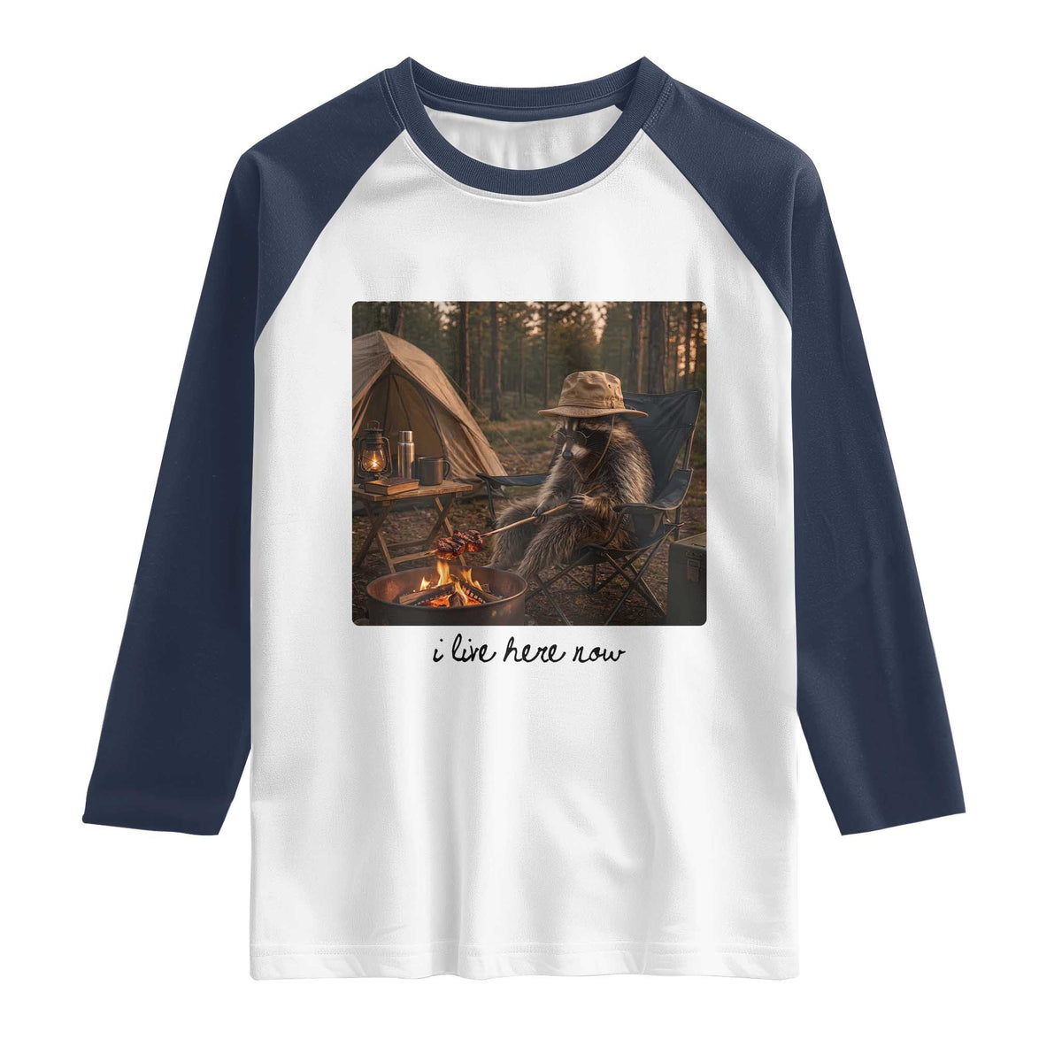 Funny Camping Raccoon Raglan Shirt I Live Here Now Outdoor Lover