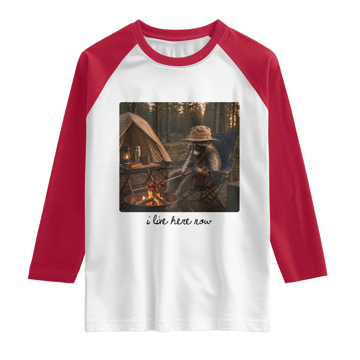 Funny Camping Raccoon Raglan Shirt I Live Here Now Outdoor Lover