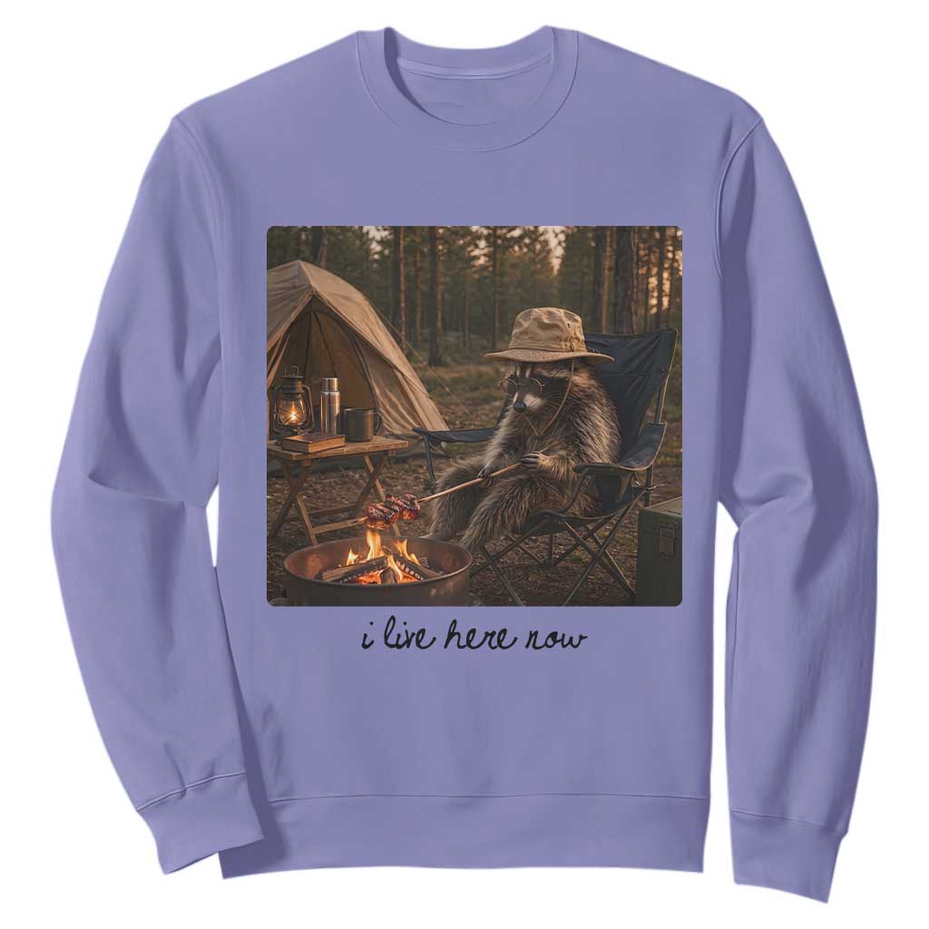 Funny Camping Raccoon Sweatshirt I Live Here Now Outdoor Lover