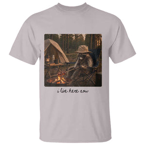 Funny Camping Raccoon T Shirt I Live Here Now Outdoor Lover