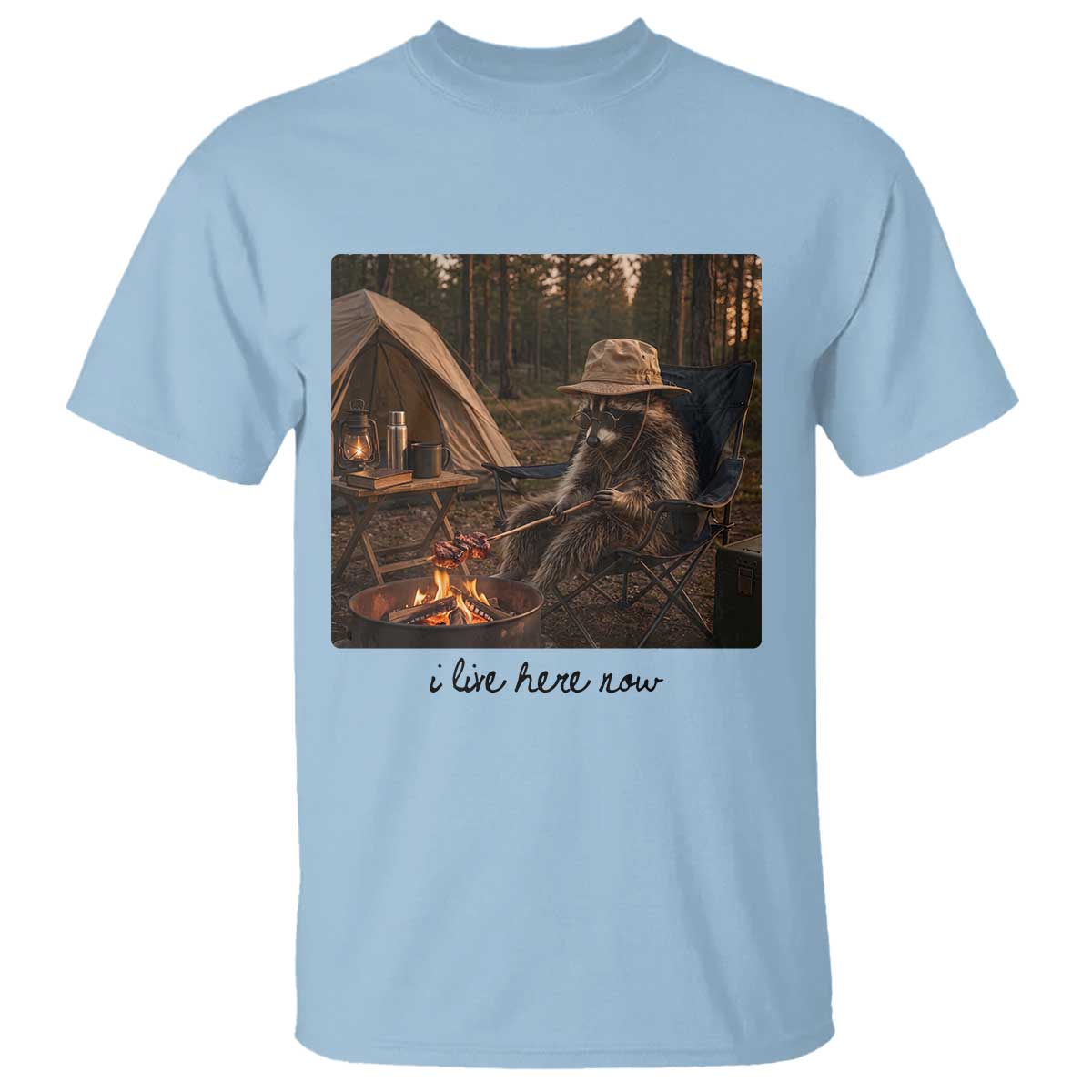 Funny Camping Raccoon T Shirt I Live Here Now Outdoor Lover