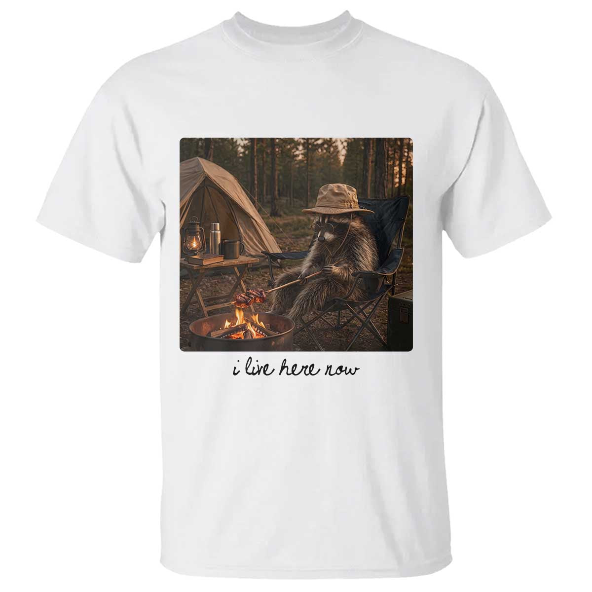 Funny Camping Raccoon T Shirt I Live Here Now Outdoor Lover TS12 White Print Your Wear