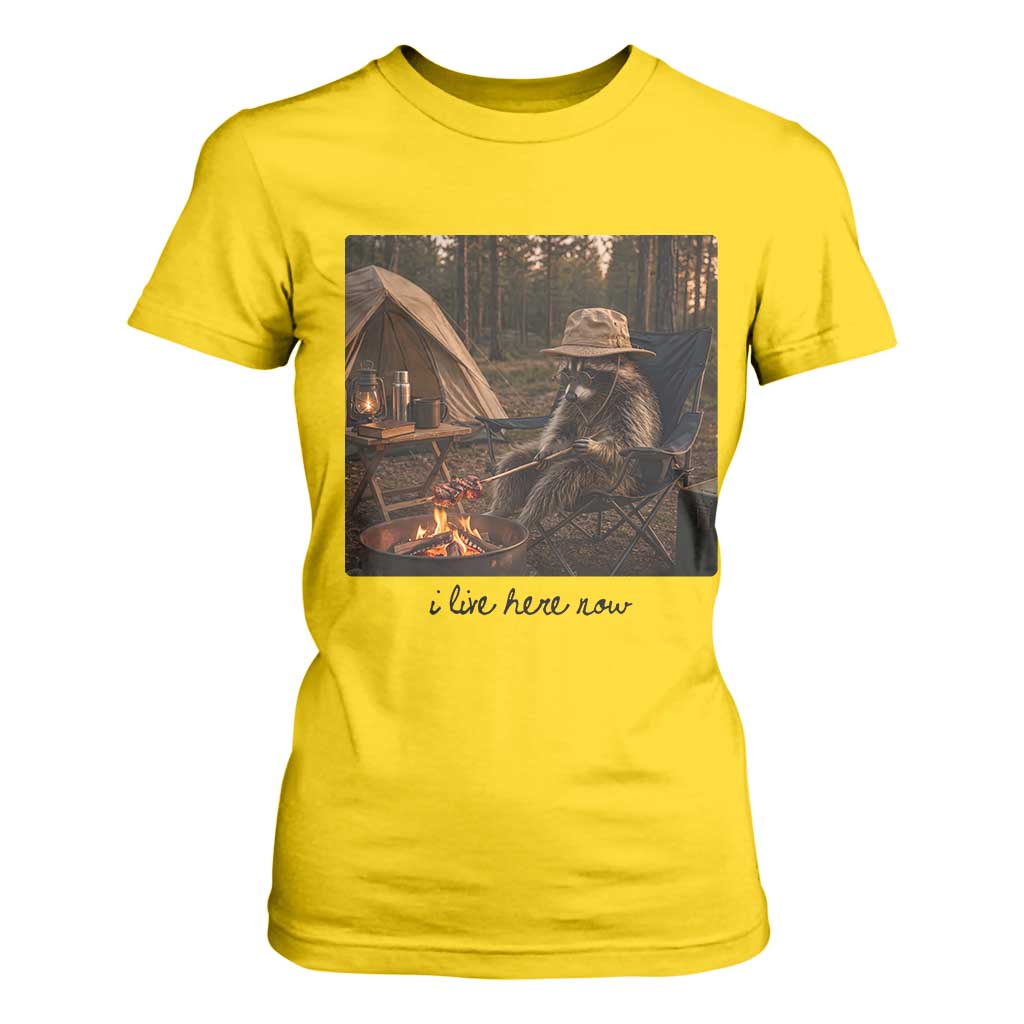 Funny Camping Raccoon T Shirt For Women I Live Here Now Outdoor Lover