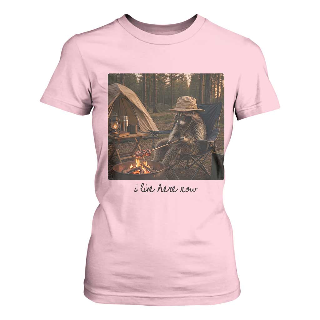 Funny Camping Raccoon T Shirt For Women I Live Here Now Outdoor Lover
