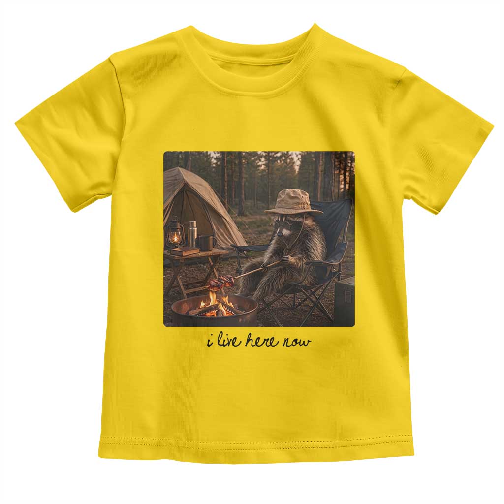 Funny Camping Raccoon Toddler T Shirt I Live Here Now Outdoor Lover