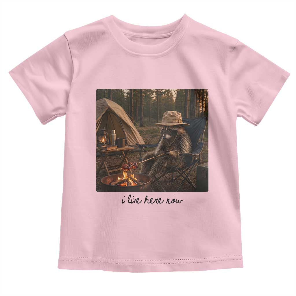 Funny Camping Raccoon Toddler T Shirt I Live Here Now Outdoor Lover