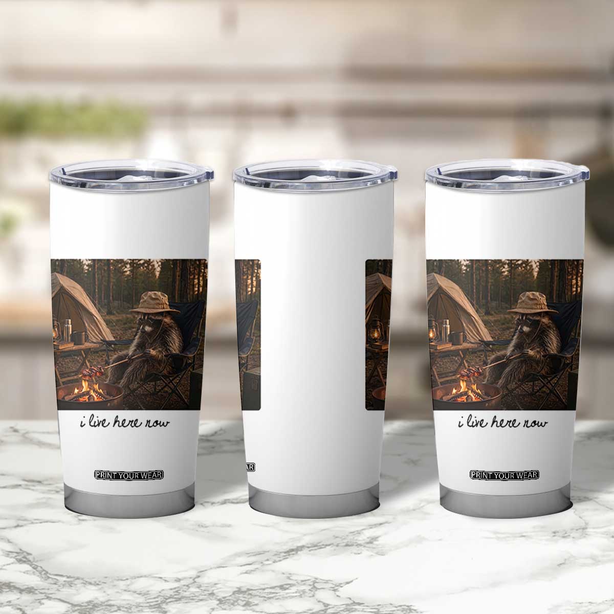 Funny Camping Raccoon Tumbler Cup I Live Here Now Outdoor Lover