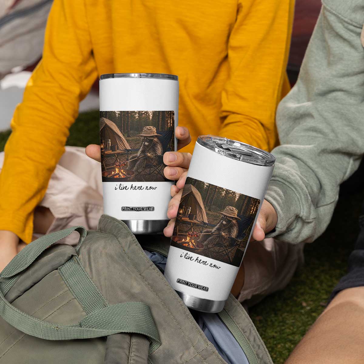 Funny Camping Raccoon Tumbler Cup I Live Here Now Outdoor Lover