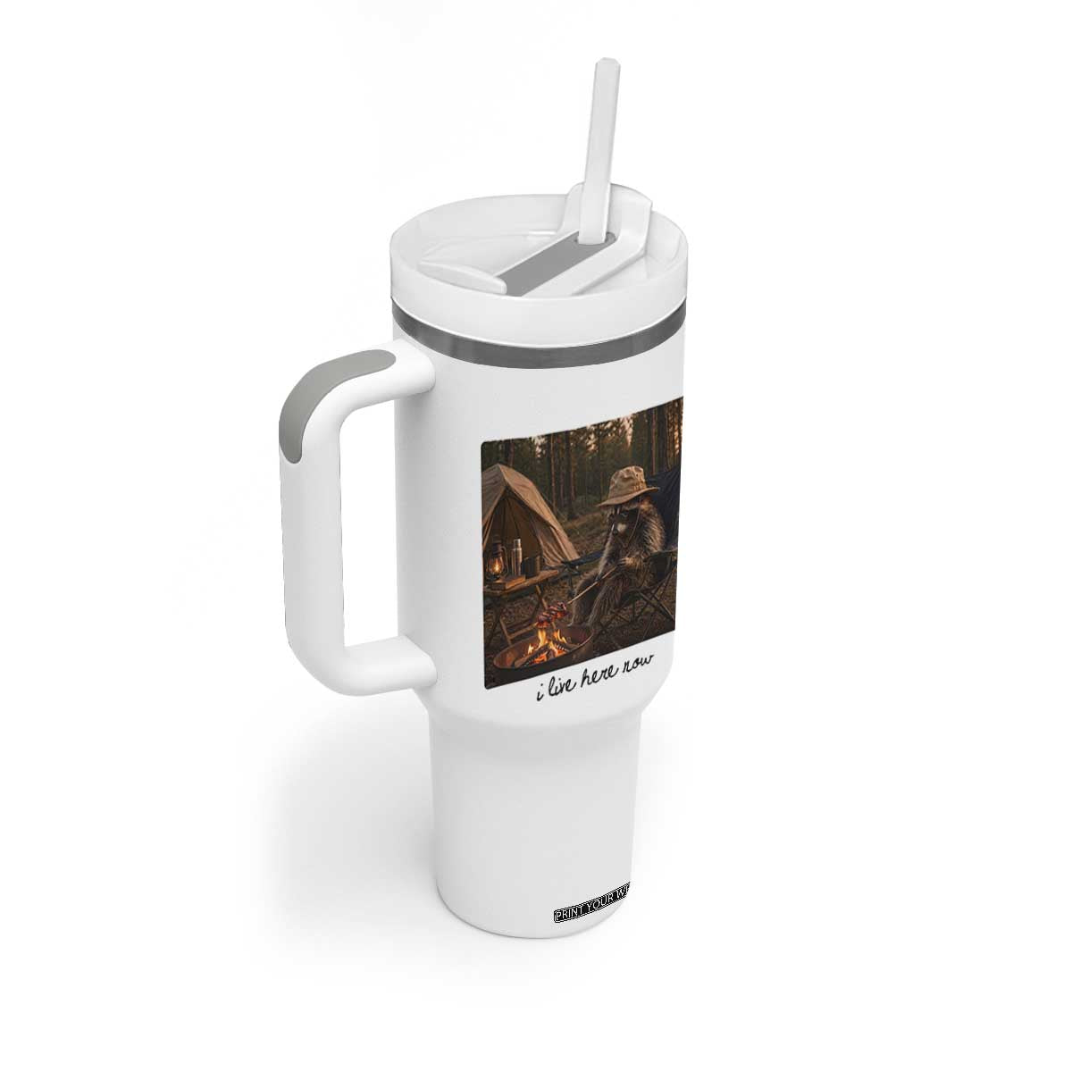 Funny Camping Raccoon Tumbler With Handle I Live Here Now Outdoor Lover