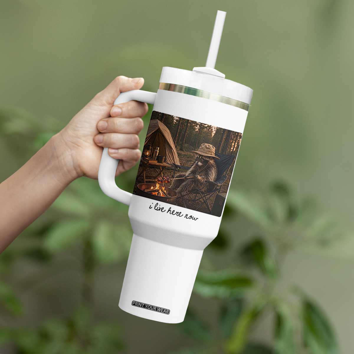 Funny Camping Raccoon Tumbler With Handle I Live Here Now Outdoor Lover