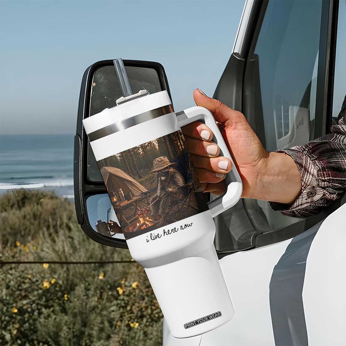 Funny Camping Raccoon Tumbler With Handle I Live Here Now Outdoor Lover