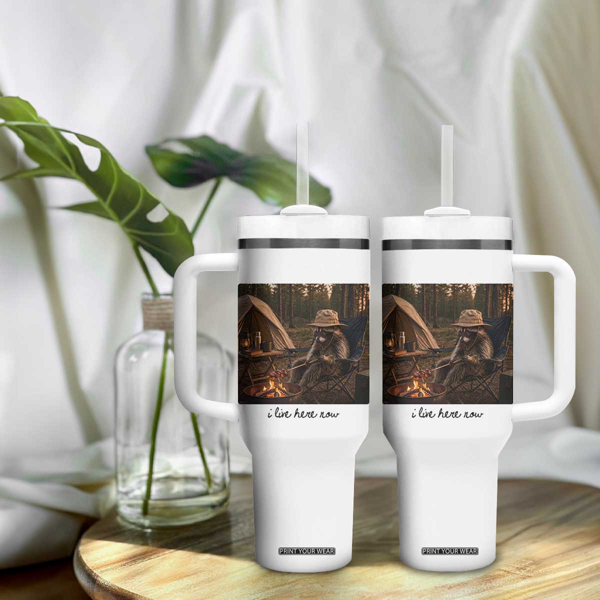 Funny Camping Raccoon Tumbler With Handle I Live Here Now Outdoor Lover
