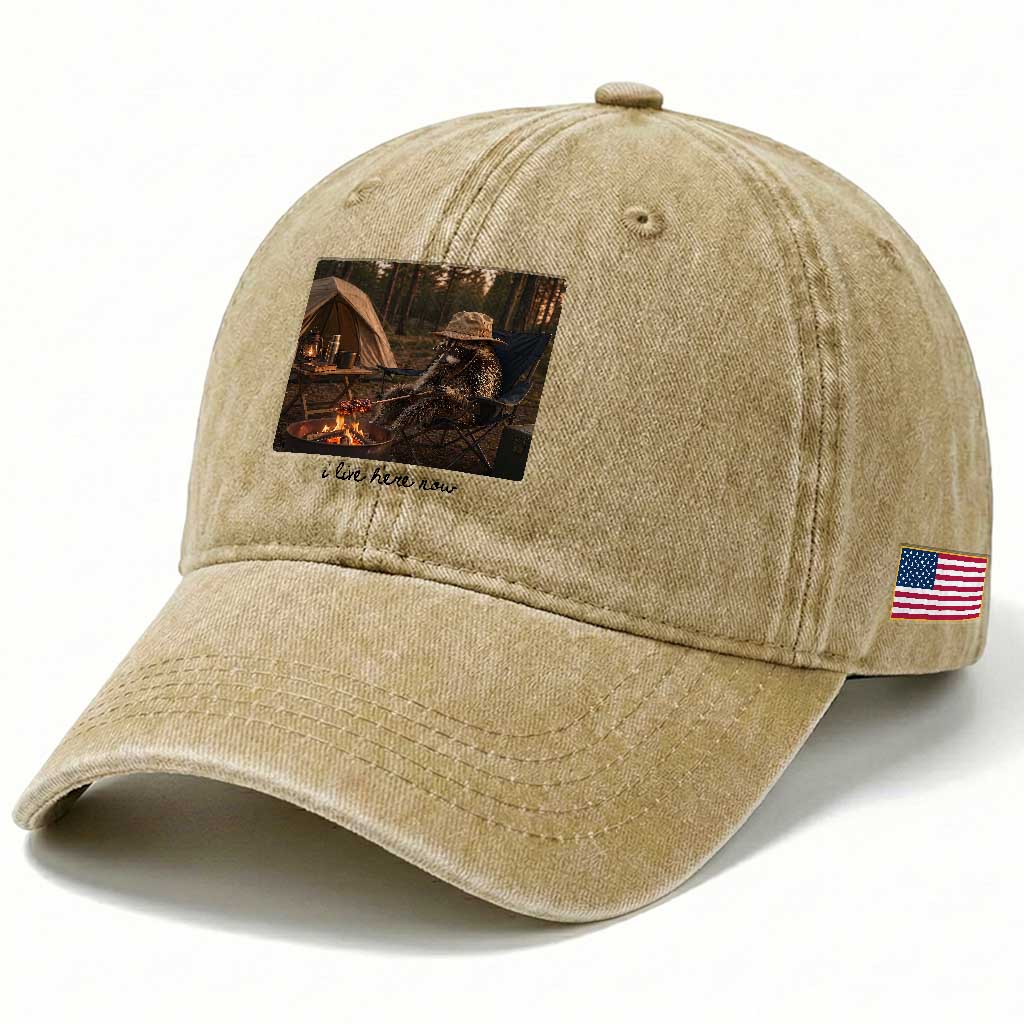Funny Camping Raccoon Washed Cotton Baseball Cap I Live Here Now Outdoor Lover