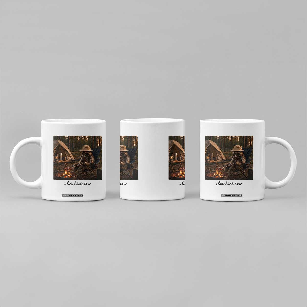 Funny Camping Raccoon Coffee Mug I Live Here Now Outdoor Lover